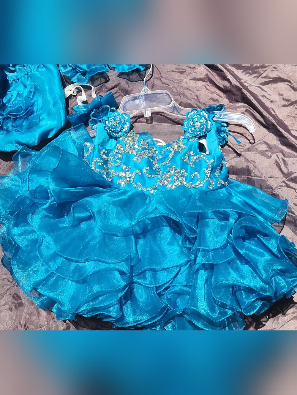 China Blue Baby Toddler Ruffled Flower Appliqué Pageant Dress